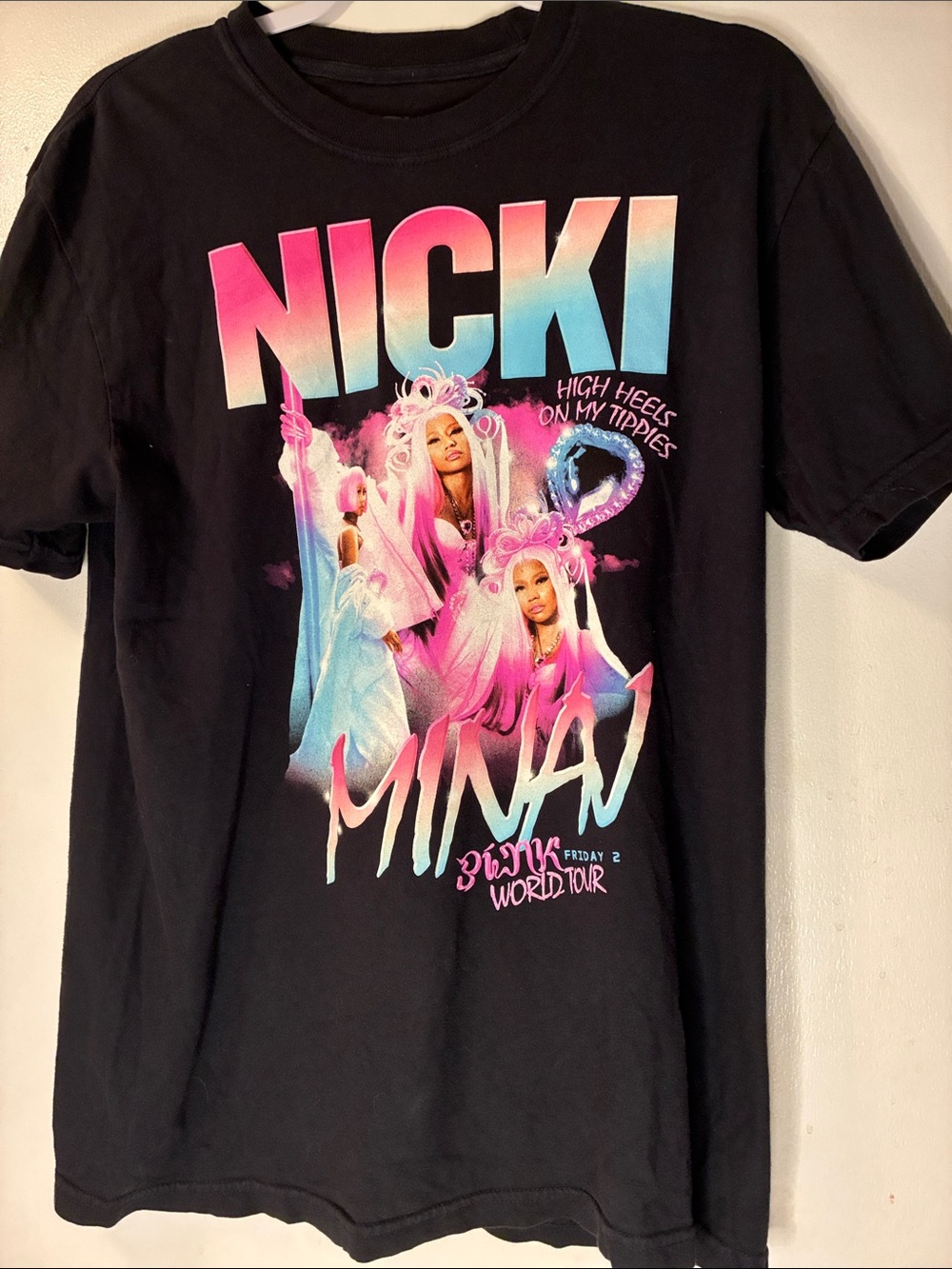 Nicki Minaj Women’s Black Graphic Tee with Pink & Blue Tour Design Size M
